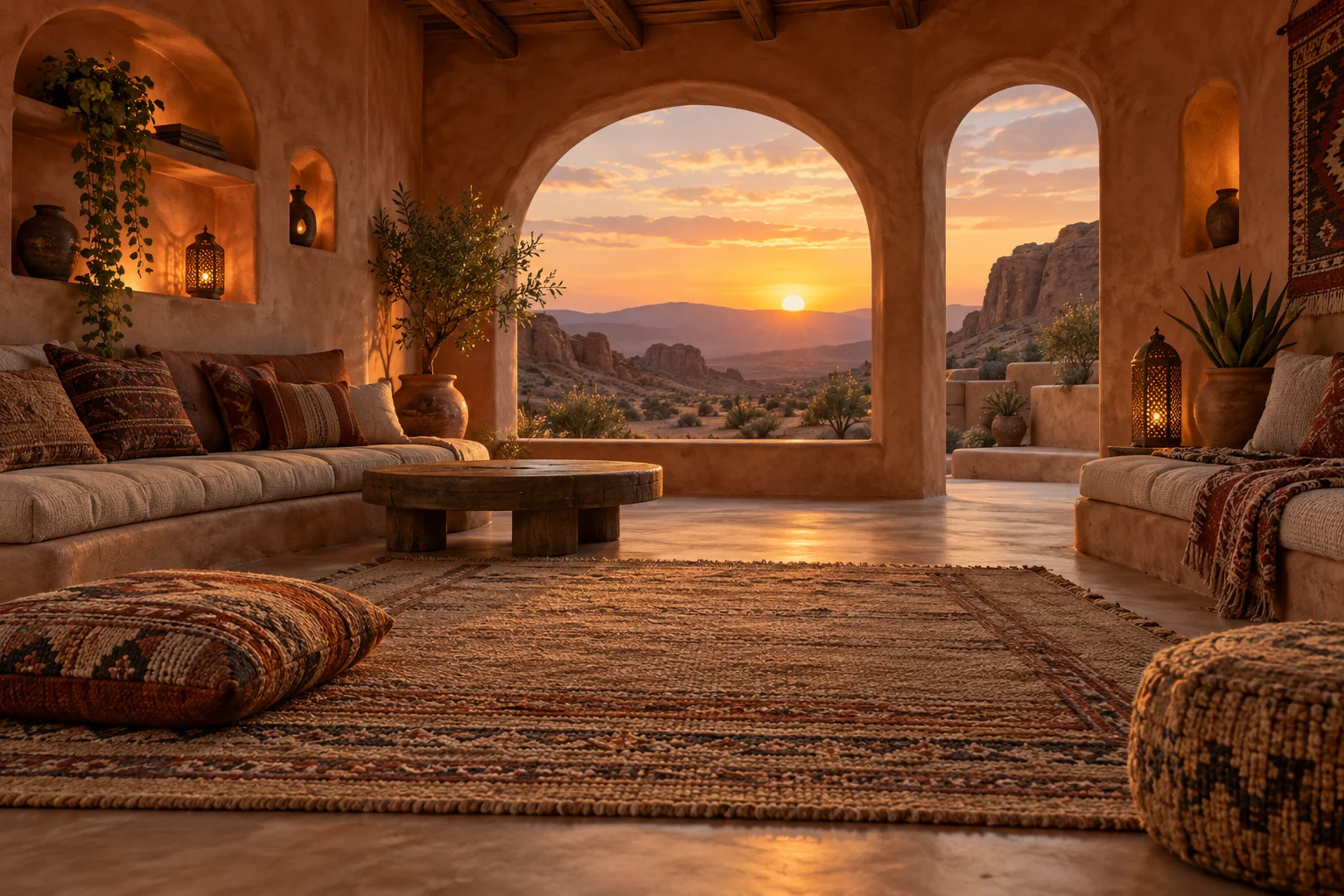 A peaceful indoor adobe lounge, rounded alcoves, terracotta plaster, woven rugs, cushioned seats and broad arched windows looking towards a quiet desert at sunset.