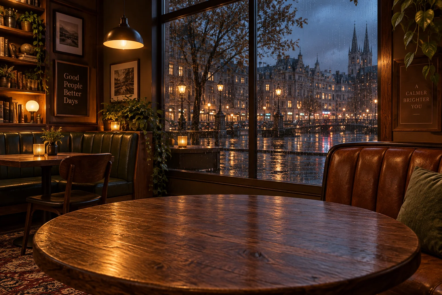 A quiet indoor café corner on a rainy city evening, large rain-streaked window, warm pendant lights, comfortable booths, rich dark wood, street lights reflected beyond the glass.