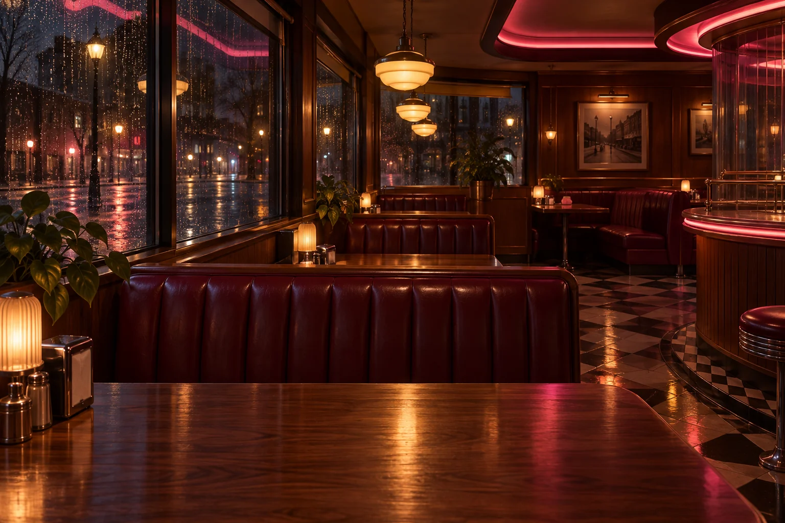 A quiet indoor retro diner lounge at midnight, comfortable burgundy booths, polished wooden tables, soft rose and amber neon glow without signs or lettering, rainy dark street beyond the windows.