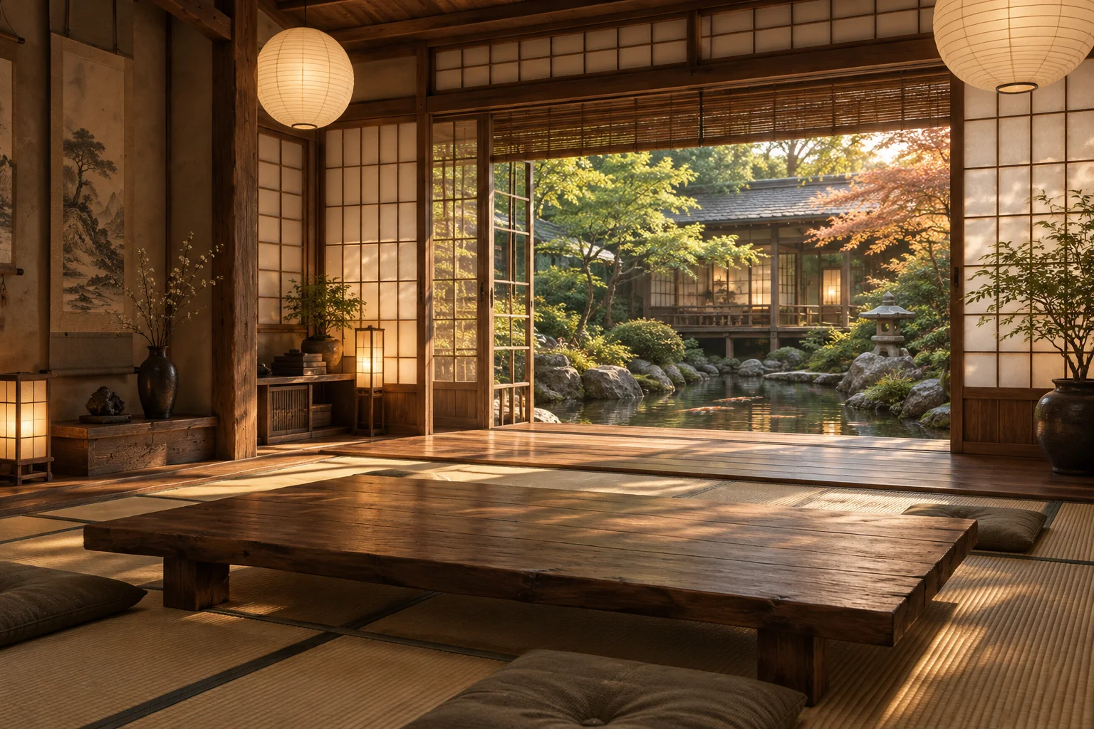 A serene indoor Japanese inspired tea room, tatami, low timber tables, delicate paper lanterns, open shoji framing a peaceful green courtyard and koi pond, late afternoon light.