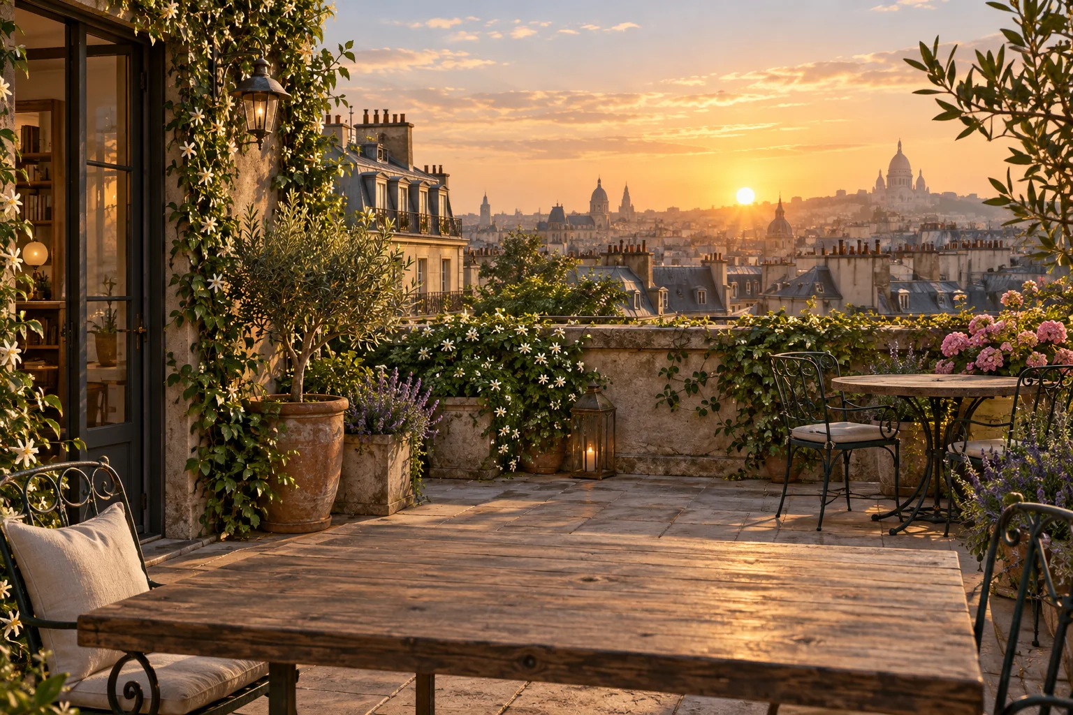 An open rooftop garden in a European city at sunrise, climbing vines, flowering planters, small wrought iron seats and timber tables, warm stone parapet, distant slate and zinc city roofs.