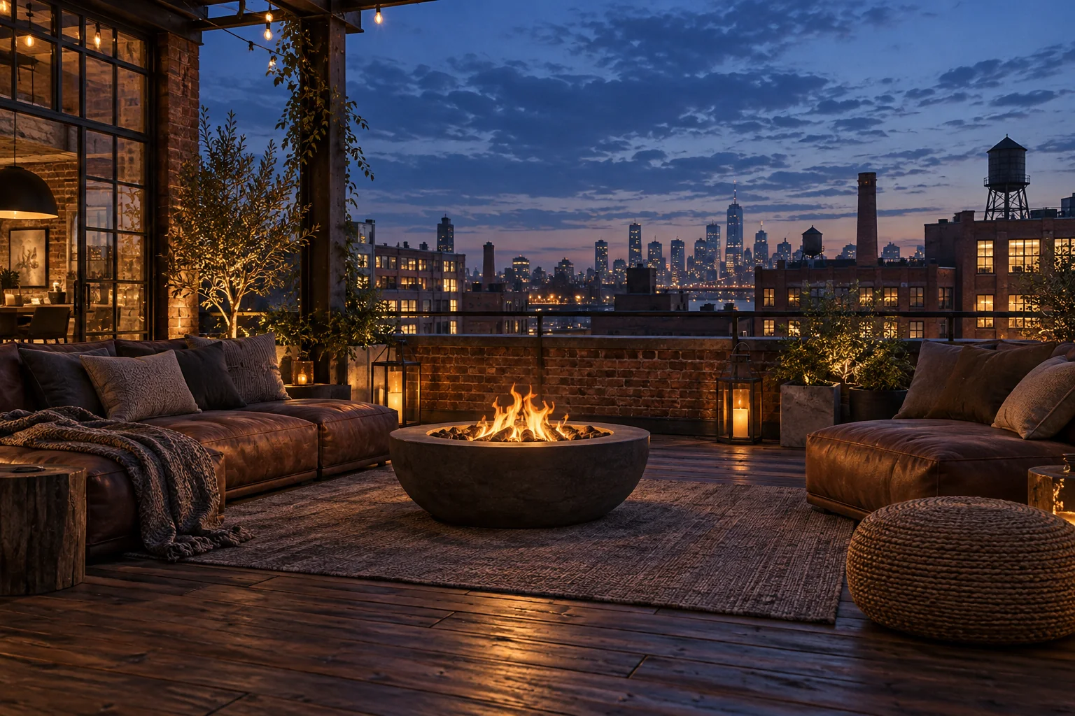 An open industrial loft rooftop lounge in blue twilight, brick parapet, rustic timber deck, broad leather-like outdoor seats and a small tasteful glowing firepit, mellow warehouse district skyline.