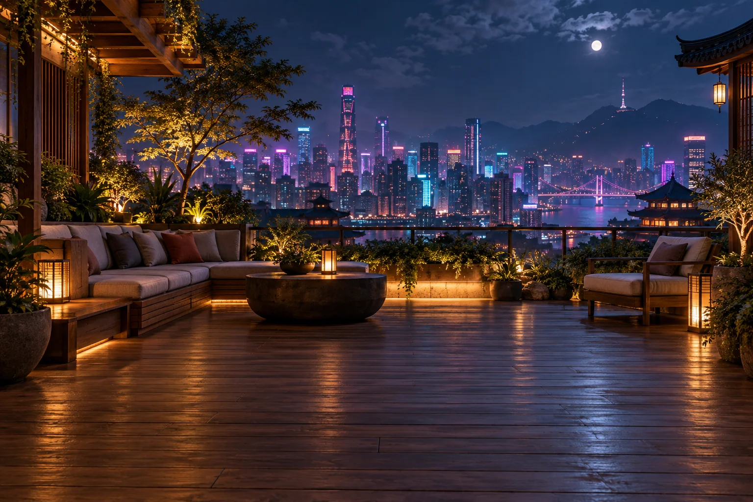 A quiet open rooftop garden above a large neon-lit East Asian city at night, timber deck, softly lit plants and comfortable seats, magenta and cyan lights across distant buildings with no readable signs.