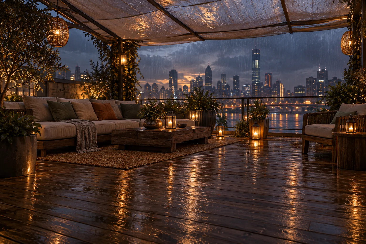 A sheltered but clearly outdoor rooftop terrace under a translucent canvas canopy on a rainy evening, wet timber deck and warm lantern reflections, comfortable outdoor sofas, open sides showing a rainy city skyline.