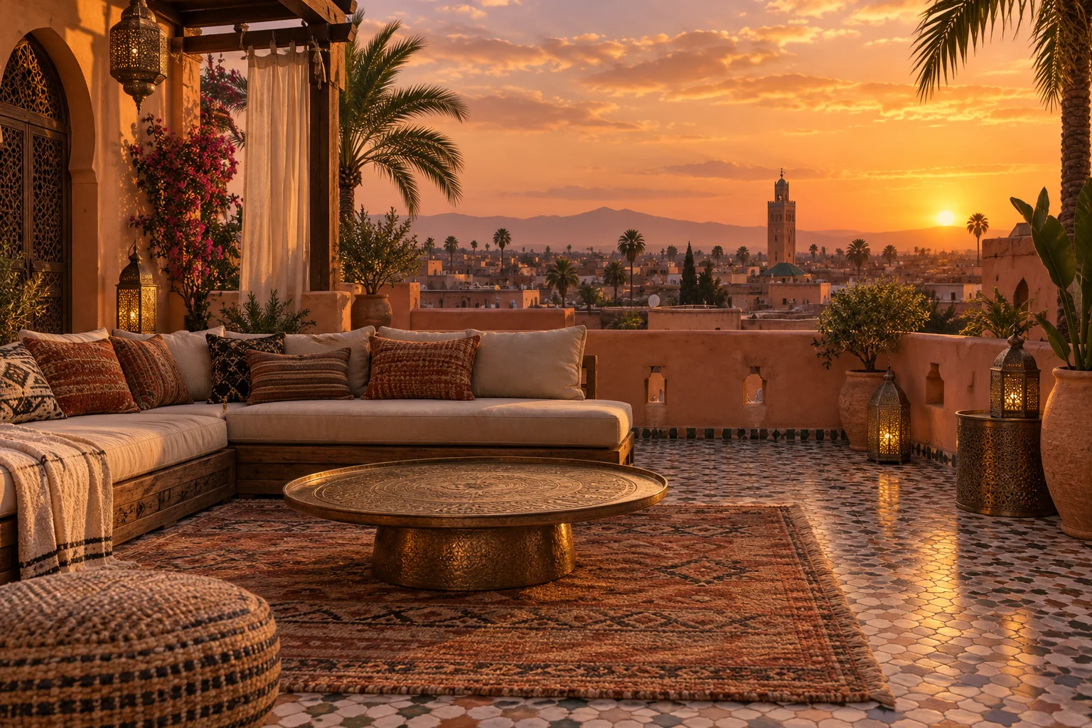 An open Moroccan inspired riad rooftop lounge at sunset, clay coloured parapets, patterned tile floor, low cushioned outdoor seating, delicate brass lanterns, palms and distant old city roofs.