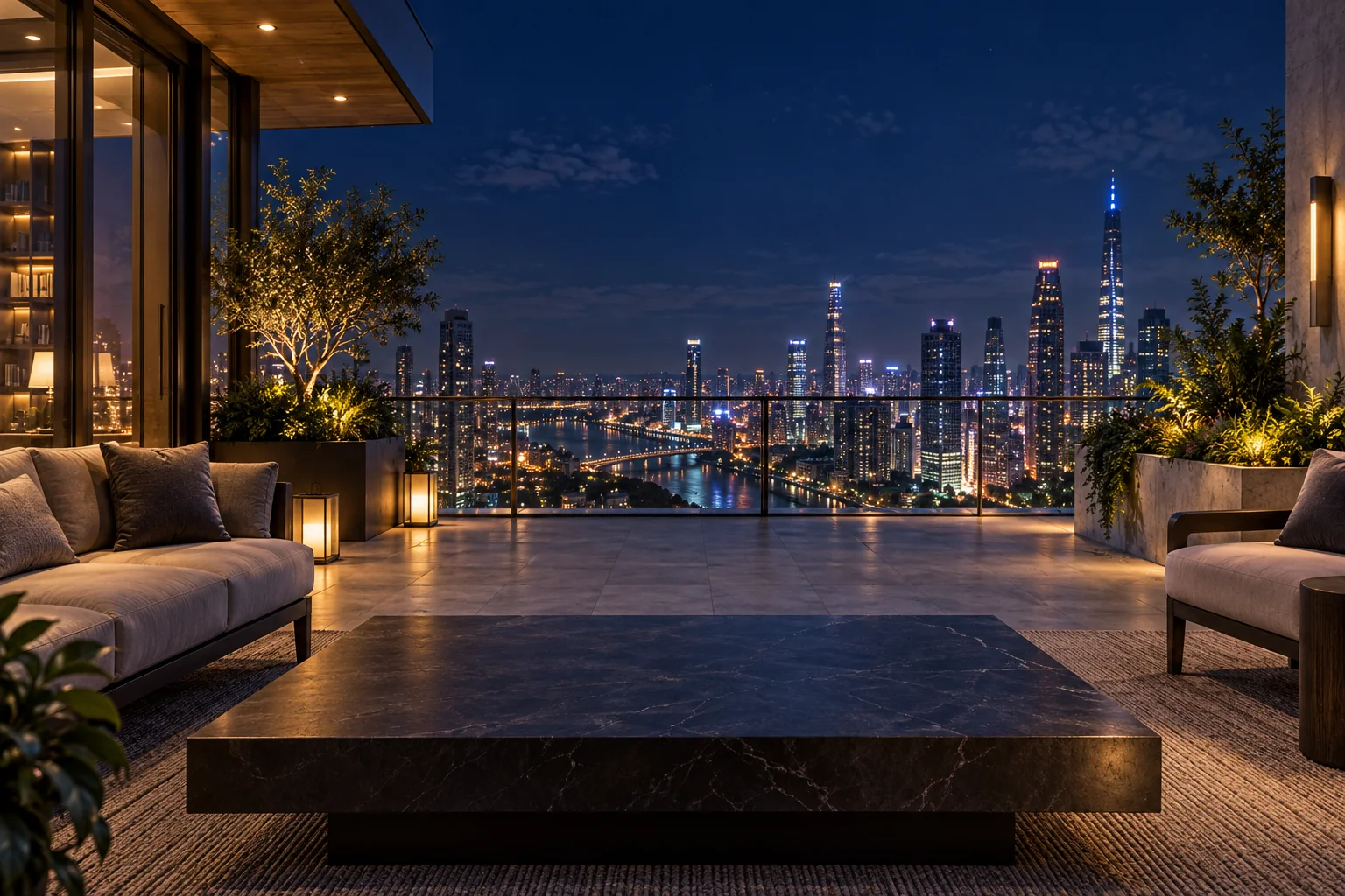 A high open skyscraper rooftop lounge after dark, clean stone deck, glass balustrade, tasteful planters and comfortable seating, a sweeping modern city skyline sparkling below a deep indigo sky.